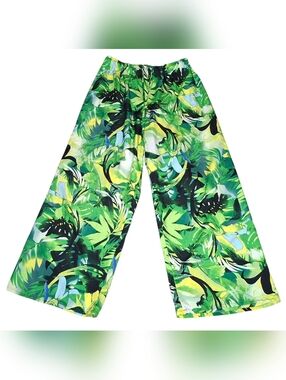 Live 4 Truth Green Tropical Leaf Wide Leg Palazzo Pants Drawstring Tassels Large